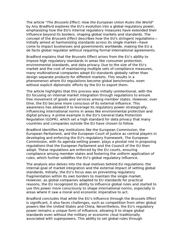 One Page The Brussels Effect How The European Union Rules The World | PDF | European Union ...