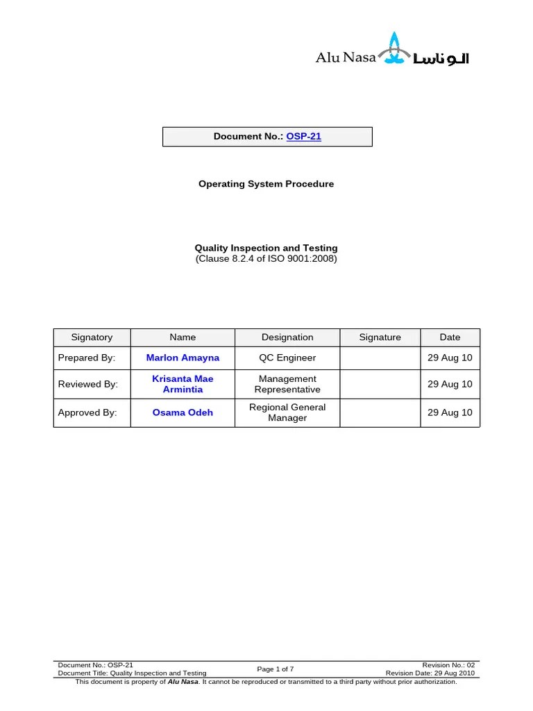 Quality Inspection And Testing (Procedure) | PDF | Quality Assurance ...