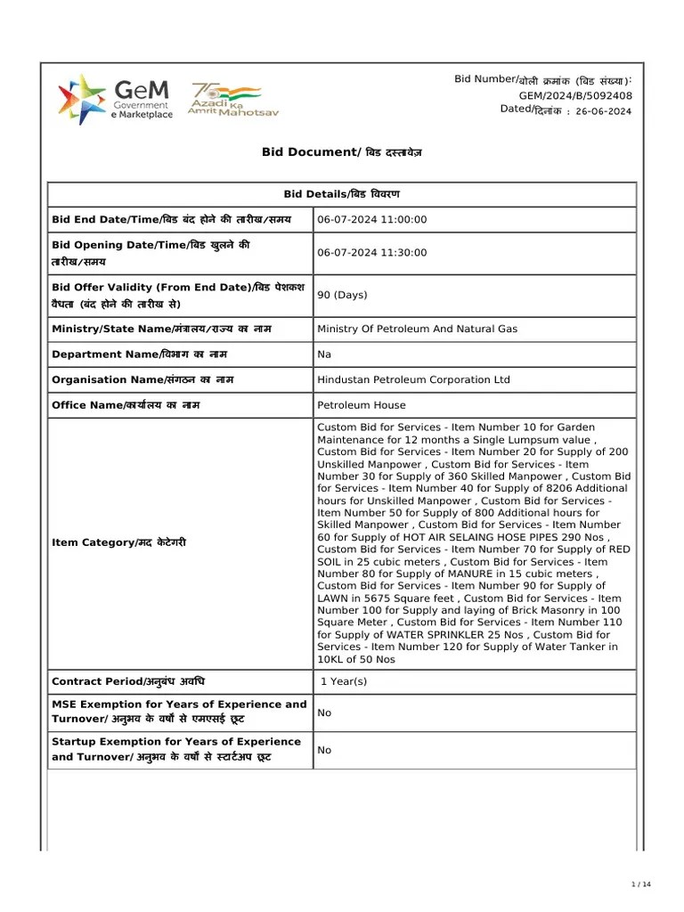 Custom Bid For Services By Hpcl Pdf Specification Technical