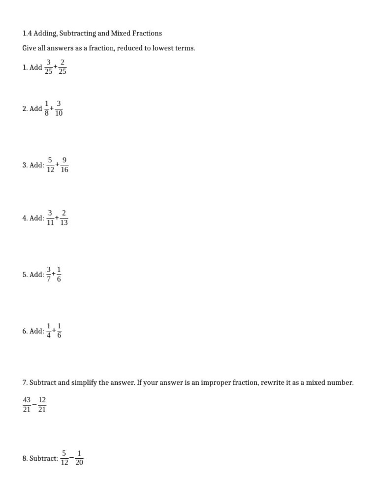 Lesson 1.4 Adding, Subtracting And Mixed Fractions | PDF | Algebra ...