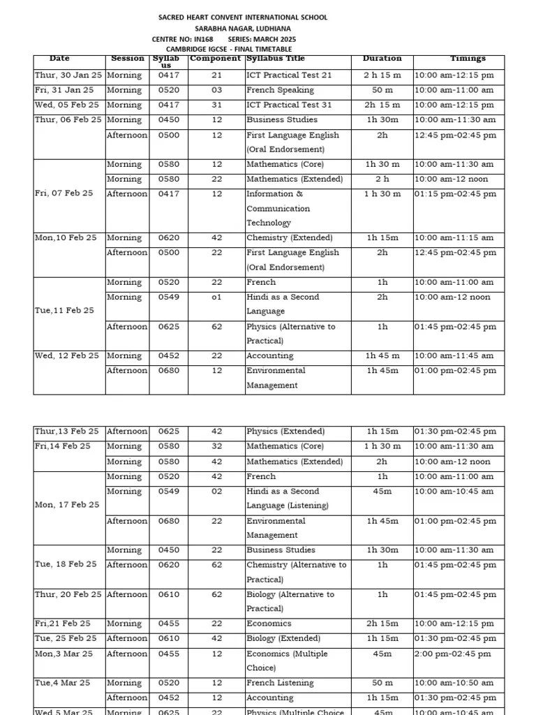 Igcse March 2025 Exam Timetable | PDF | Educational Assessment And ...
