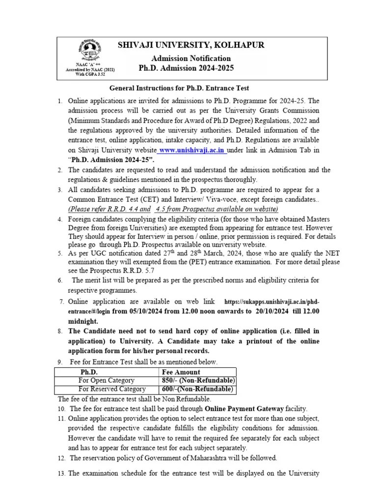 General Instruction For PH-D - Entrance Test 2024-25 | PDF | University And College Admission ...