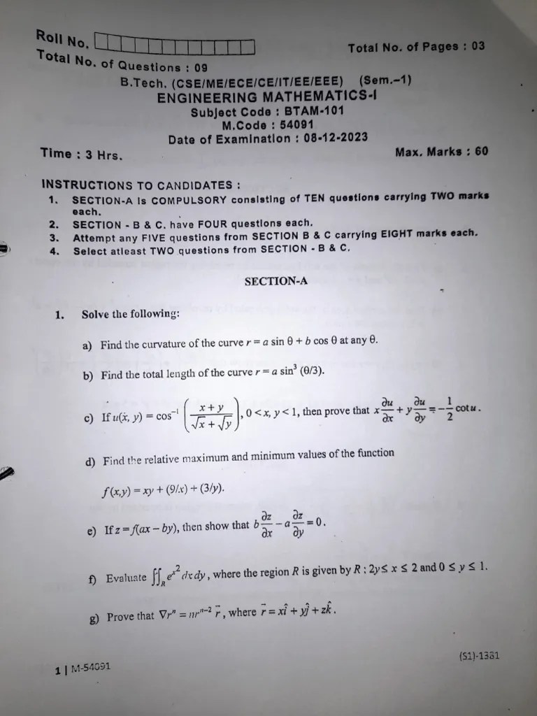 BTECH-SEM-1-BTAM-101 End Sem Final Question Paper Math Ptu Btech Cse ...