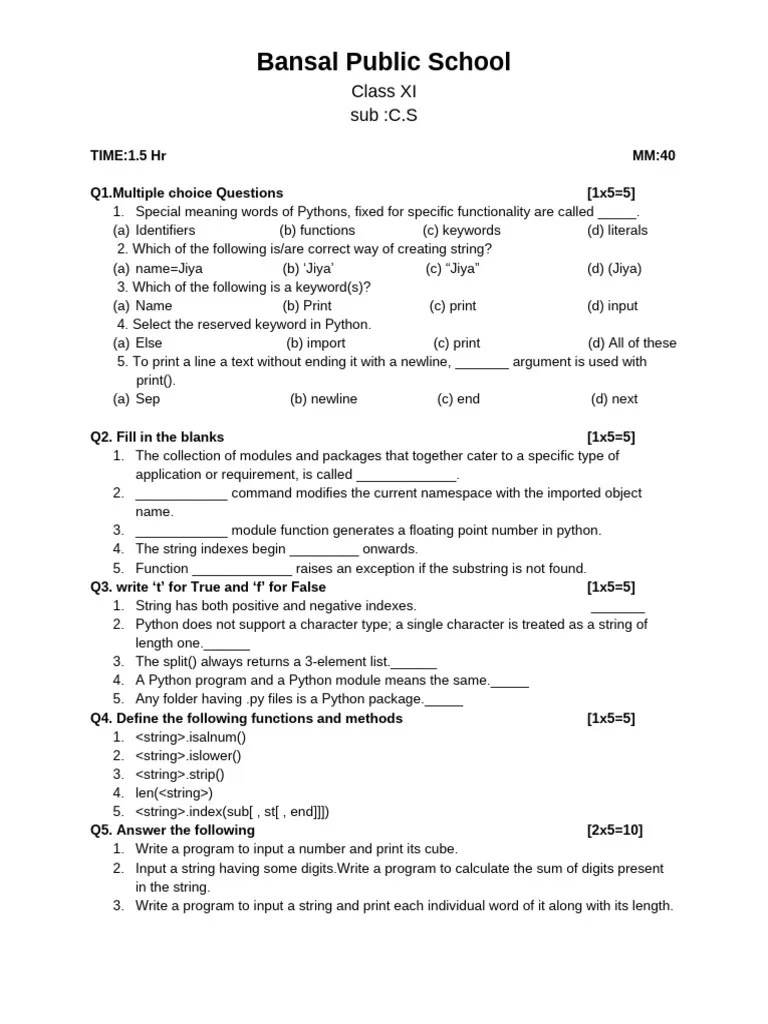 Ptiii Class Xi Cs | PDF | Python (Programming Language) | Reserved Word