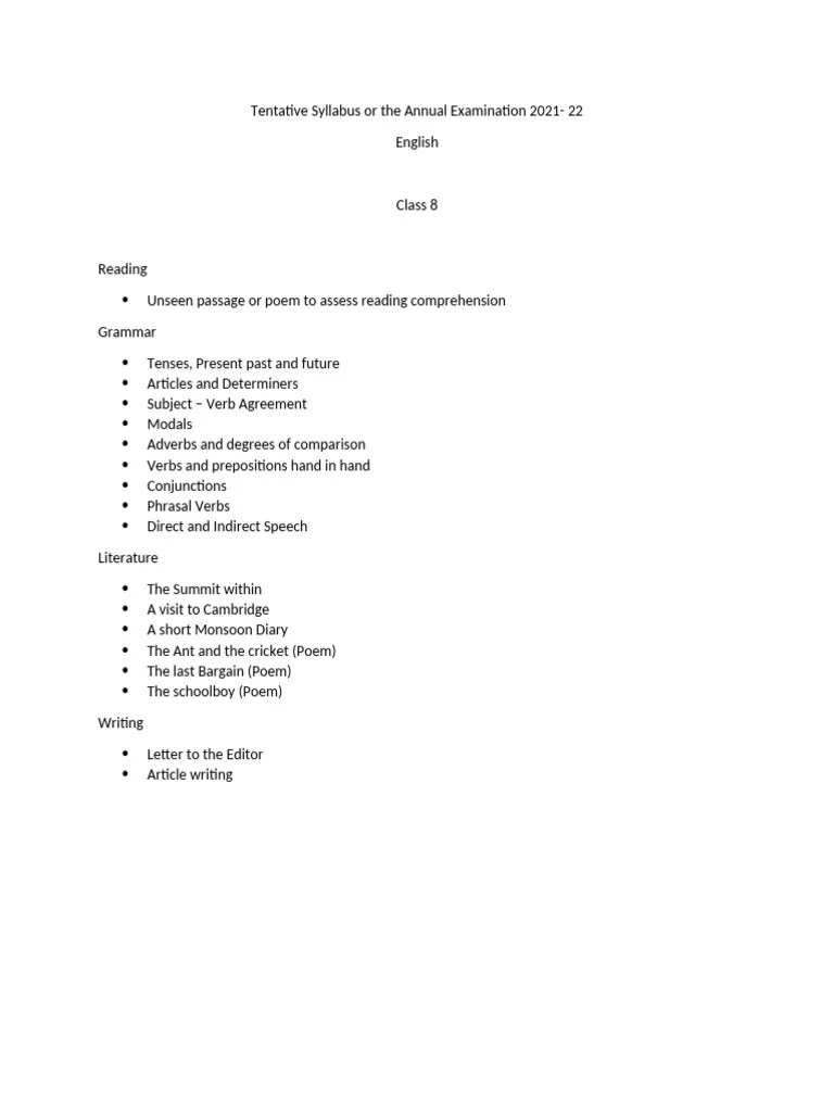 Class 8 Tentative Syllabus For The Annual Examination 2021 | PDF