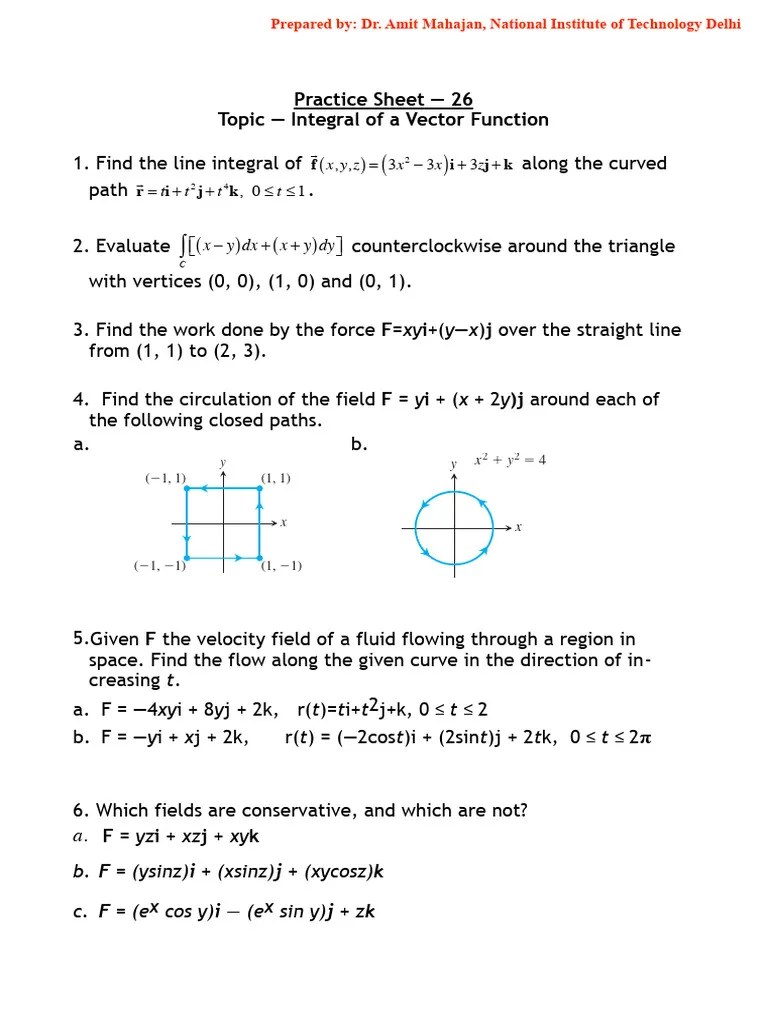 Practice Sheet 26 Integral Of Vector Function | PDF | Integral ...