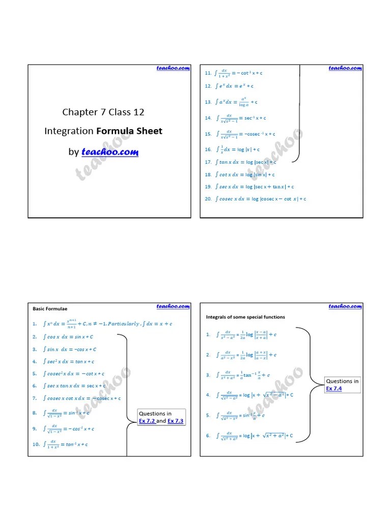 Chapter 7 Class 12 Integration Formula Sheet By Teachoo | PDF | Complex Analysis | Abstract Algebra