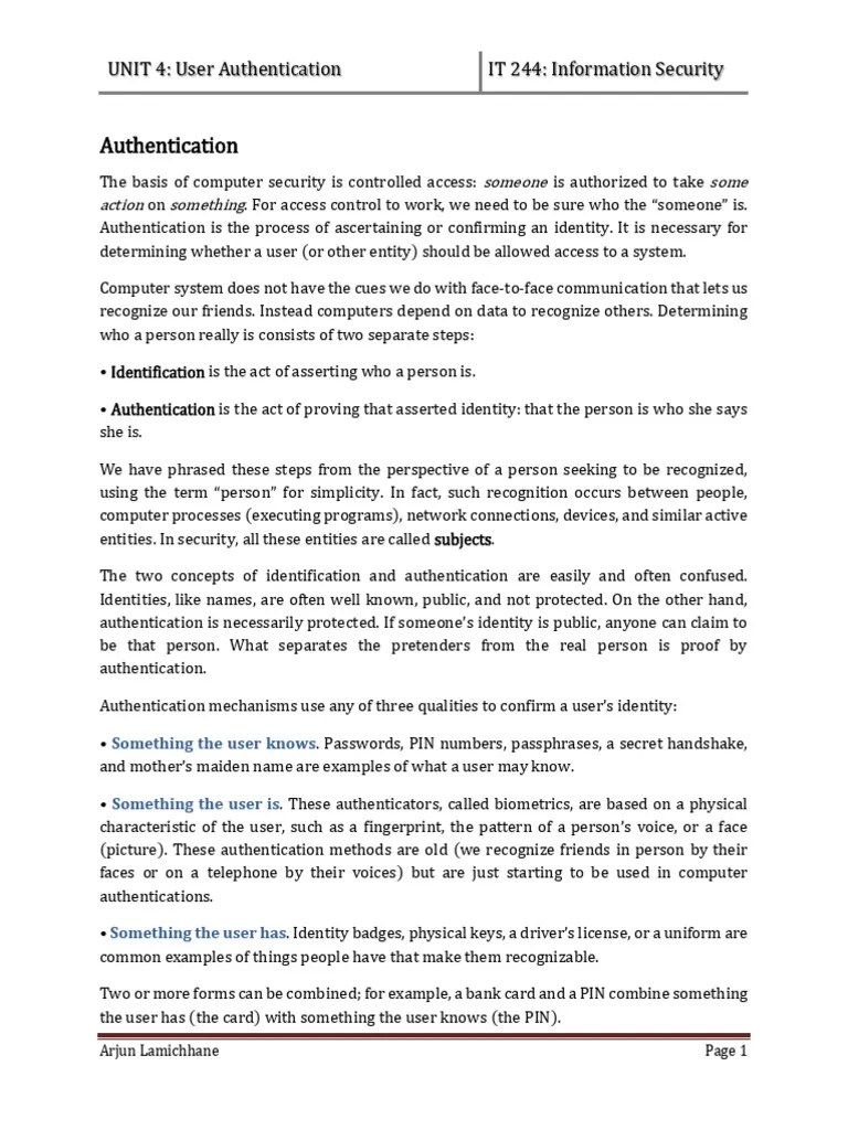 Unit 4-User Authentication | PDF | Password | Authentication