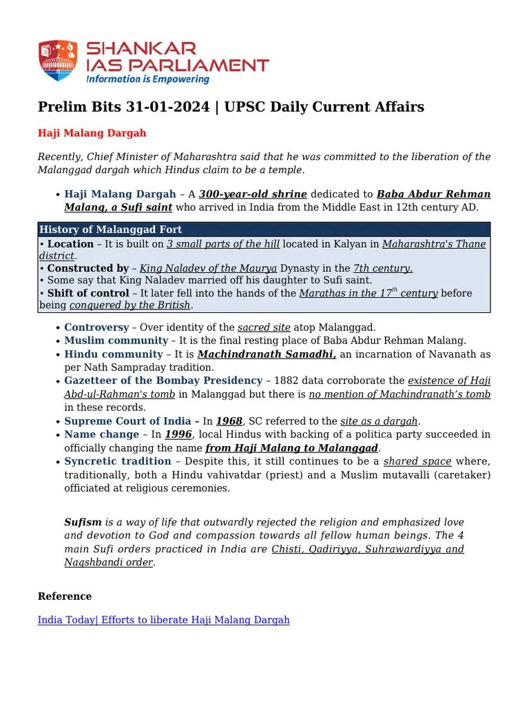 Prelim Bits 31 01 2024 Upsc Daily Current Affairs | PDF