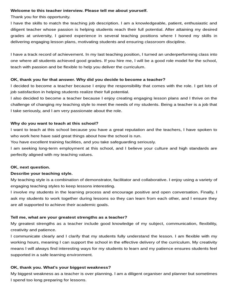 TEACHER JOB INTERVIEW | PDF | Teachers | Classroom Management