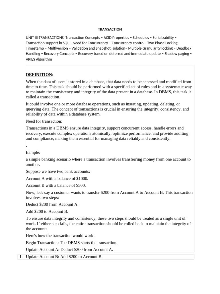 Unit 3 Transactions | PDF | Database Transaction | Synchronization