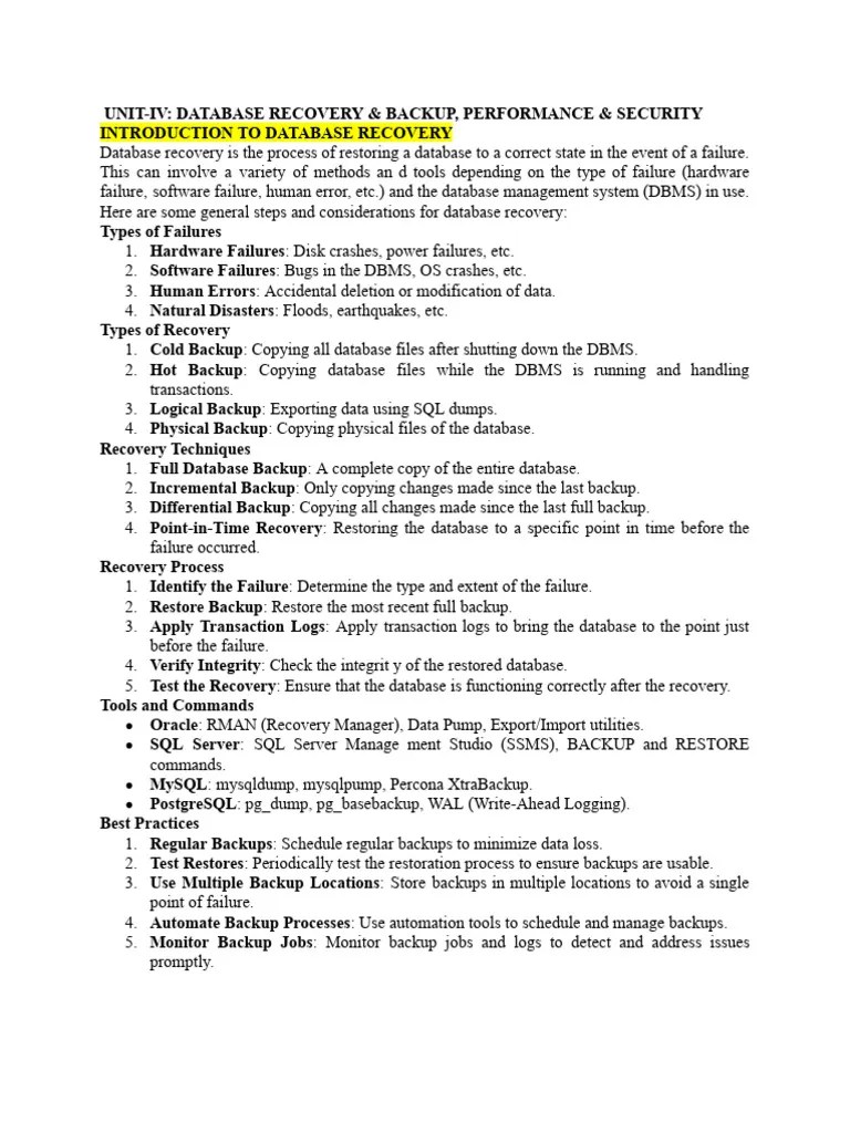 DBMS Unit IV.docx | PDF | Backup | Databases