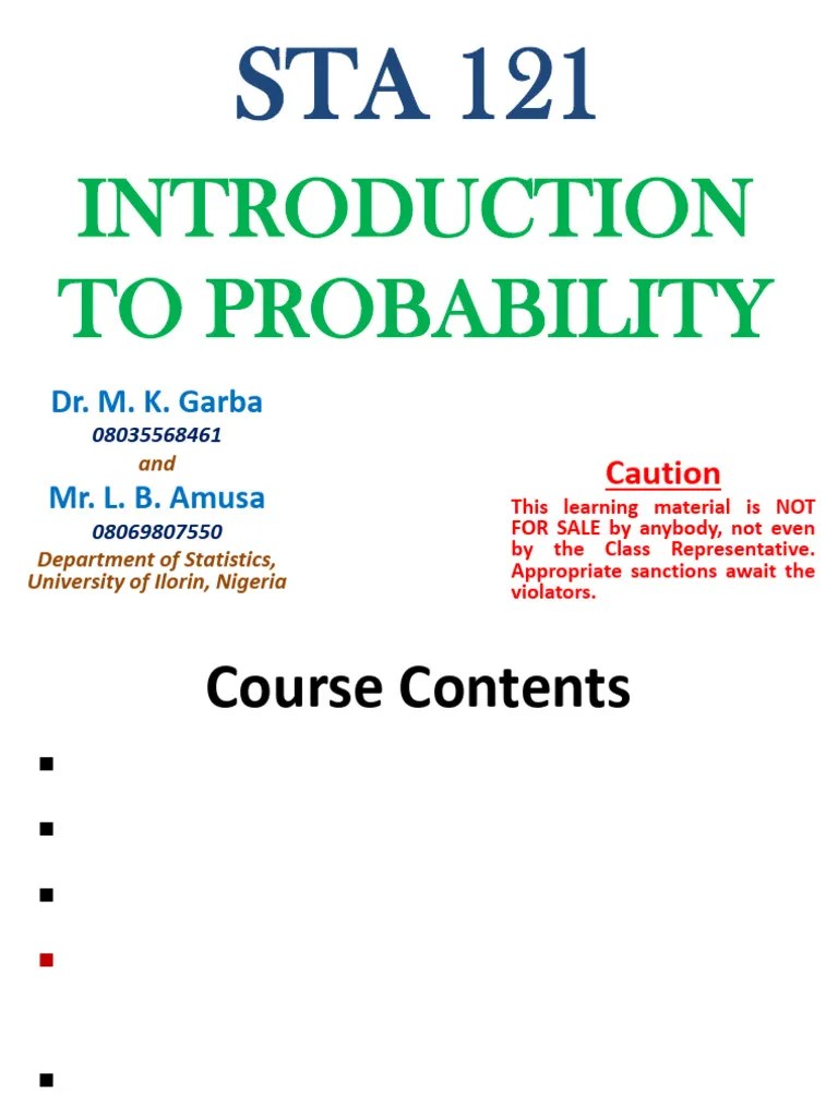 STA 121 Lecture 1 | PDF | Probability | Probability And Statistics