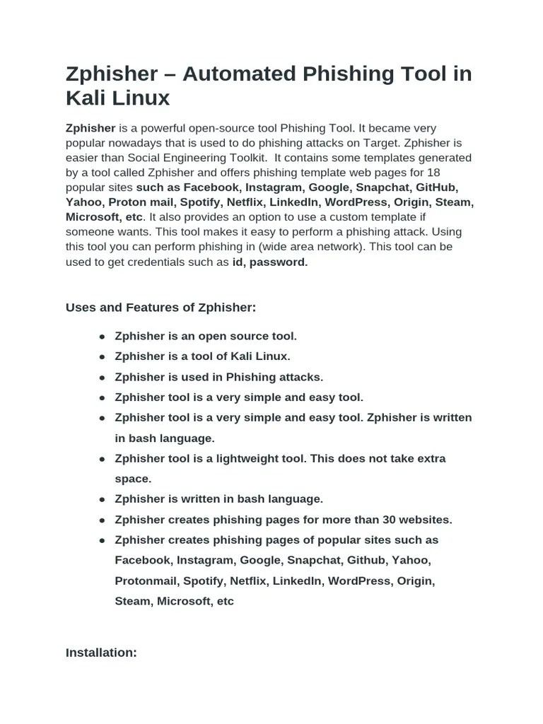 Zphisher - Automated Phishing Tool In Kali Linux | PDF
