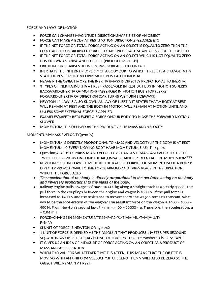 Force And Laws Of Motion Class 9 | PDF | Force | Inertia