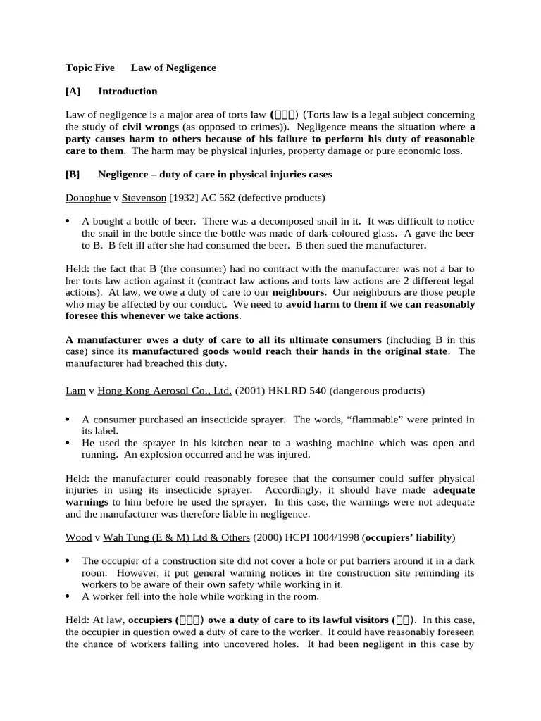 Topic 5 Law Of Negligence | PDF | Negligence | Tort