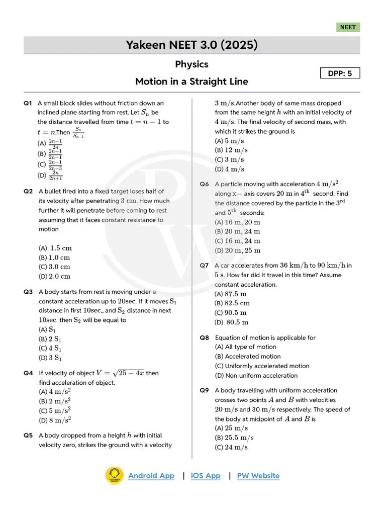 Motion In A Straight Line DPP 05 (Of Lec-08) Yakeen NEET | PDF ...