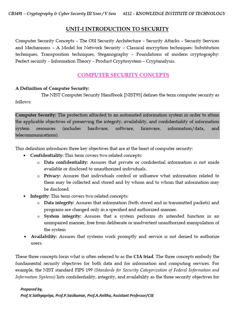 CCS CB3491 Unit-1 Notes | PDF | Cipher | Cryptanalysis