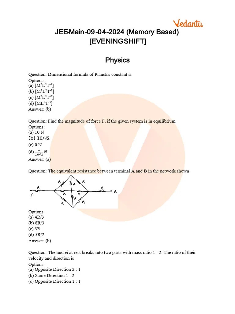 JEE Main 2024 (April 9 Shift 2) Question Paper With Solutions (PDF ...