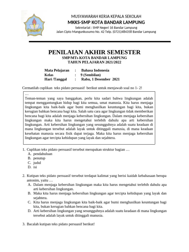 Soal Bahasa Indonesia KLS 9 GJL 2021 | PDF