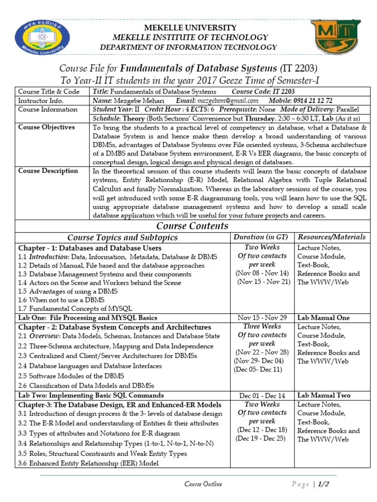 Fundamentals Of Database Systems Course Outline | PDF | Databases ...