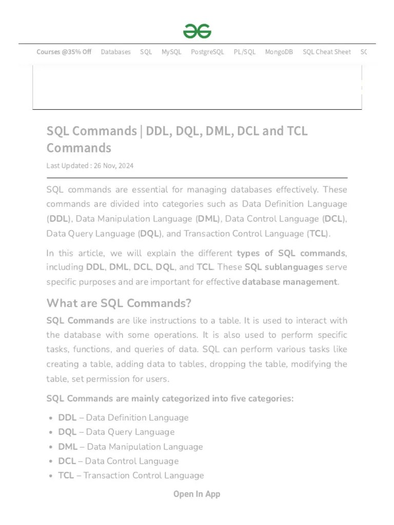 SQL Commands - DDL, DQL, DML, DCL And TCL With Examples | PDF | Sql ...