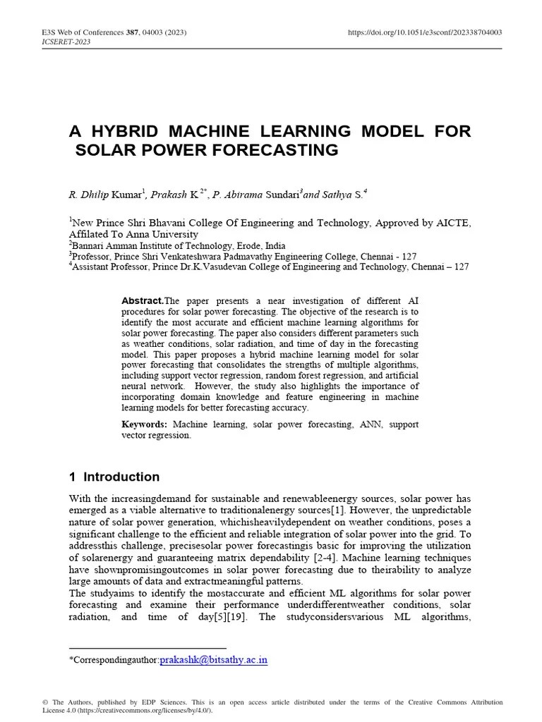 A_Hybrid_Machine_Learning_Model_for_Solar_Power_Fo | PDF | Machine Learning | Forecasting