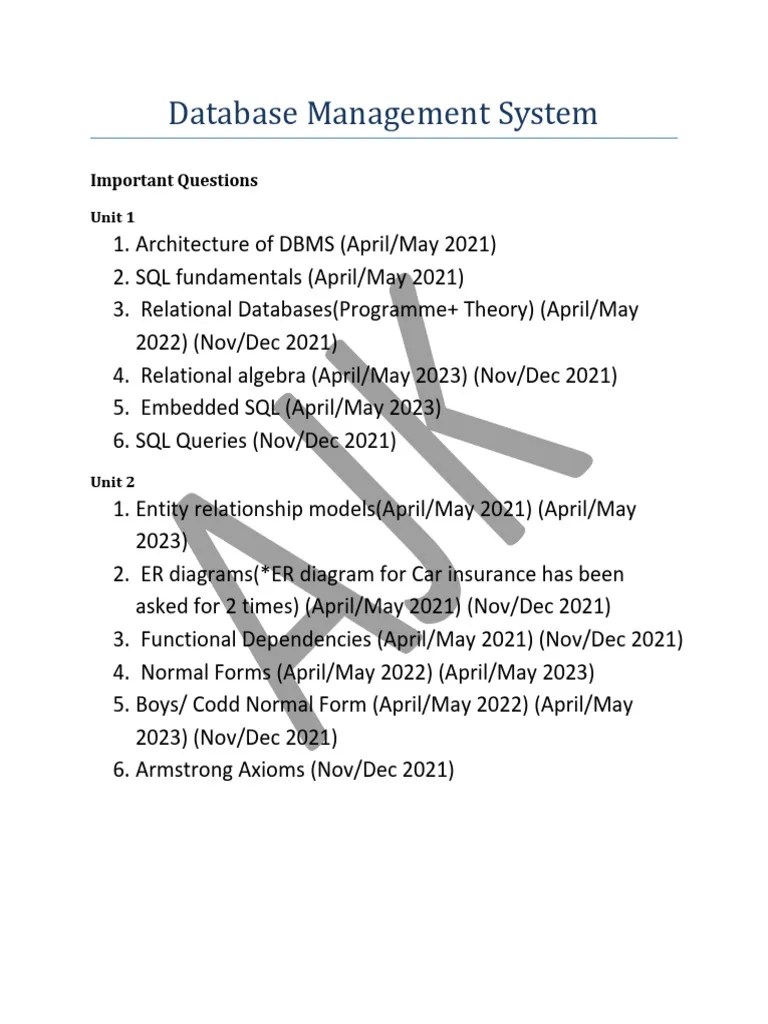 DBMS Important Questions | PDF