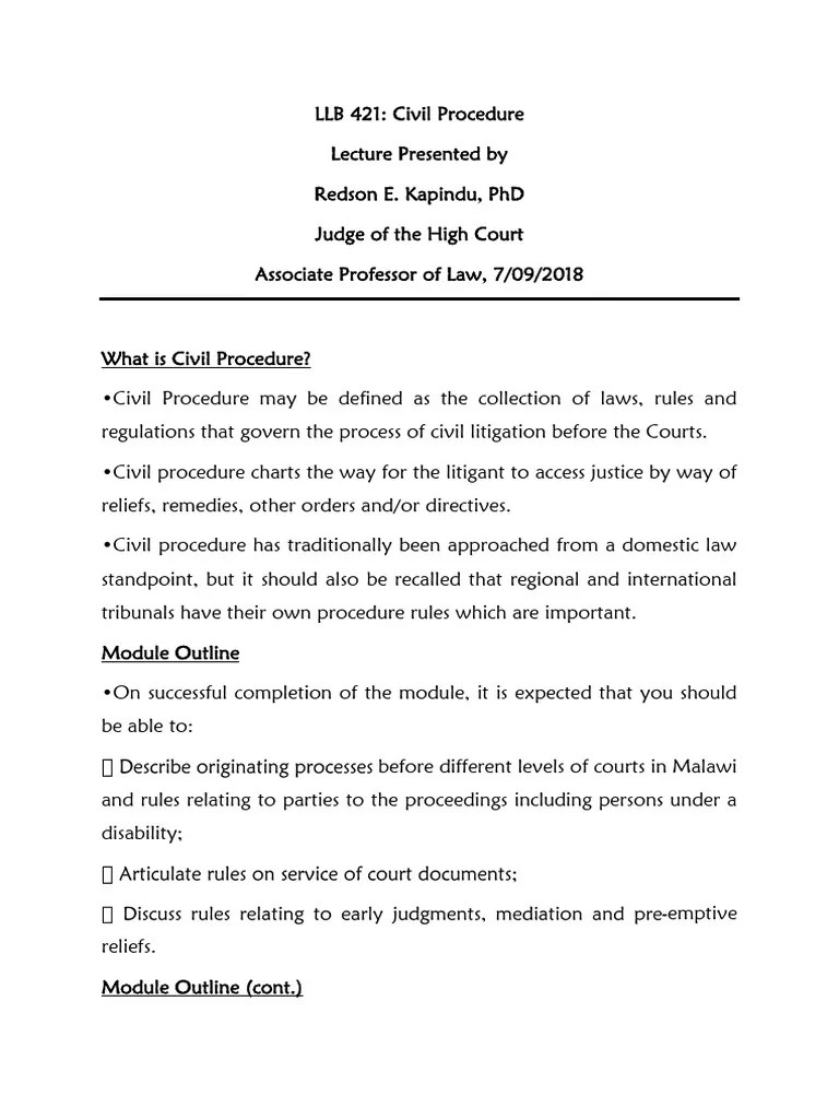 Civil Procedure Notes - Kapindu | PDF | Lawsuit | Jurisdiction
