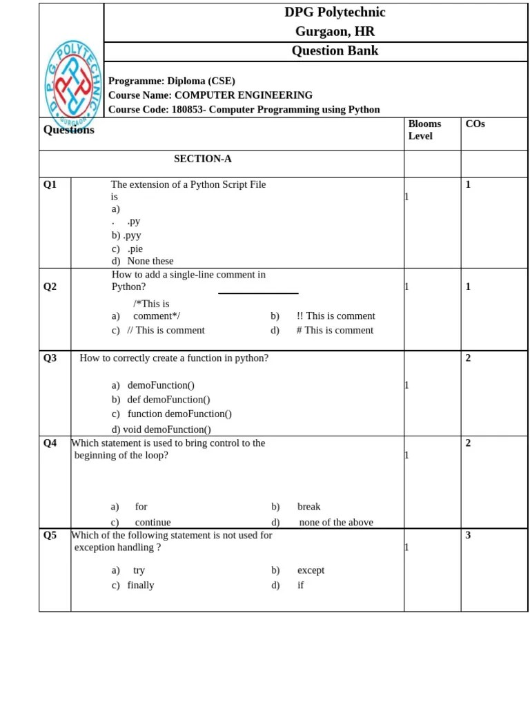 Python Question Bank | PDF | Python (Programming Language) | Scope ...