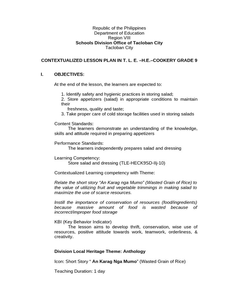 Contextualized Lesson Plan Snhs | PDF | Refrigerator