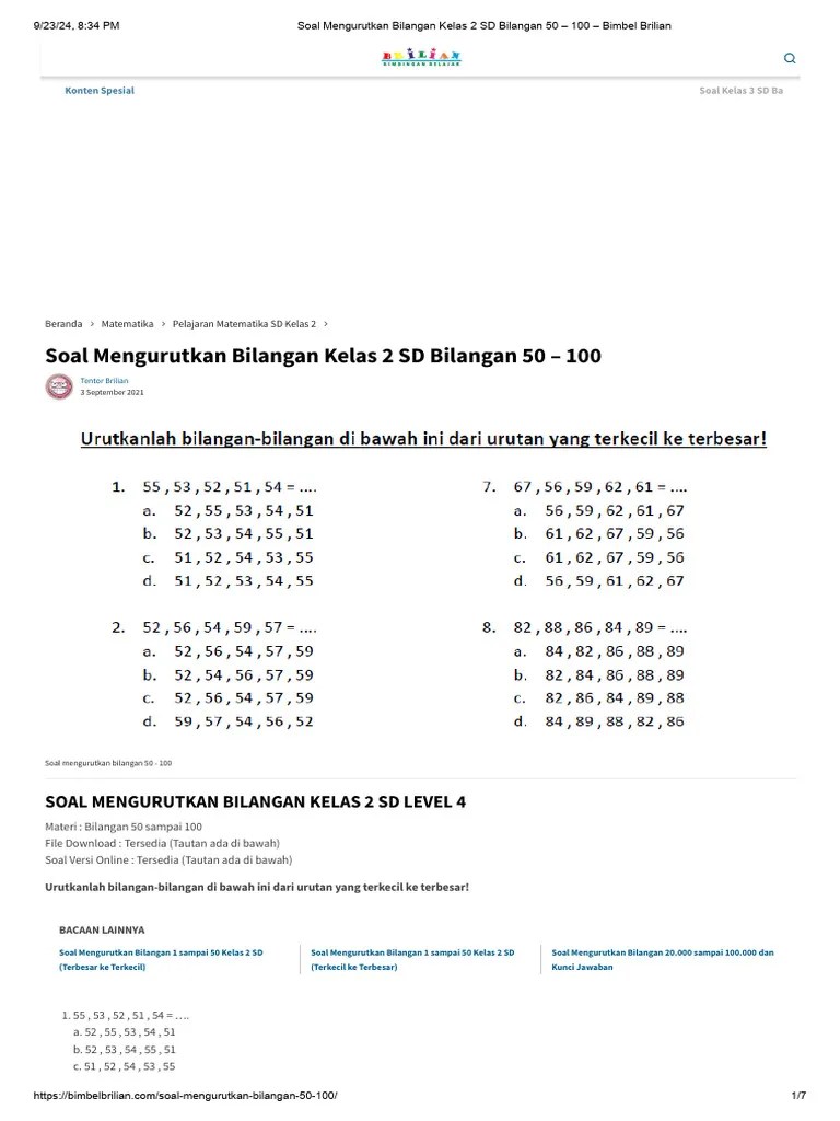 Soal Mengurutkan Bilangan Kelas 2 Sd Bilangan 50 100 Bimbel Brilian