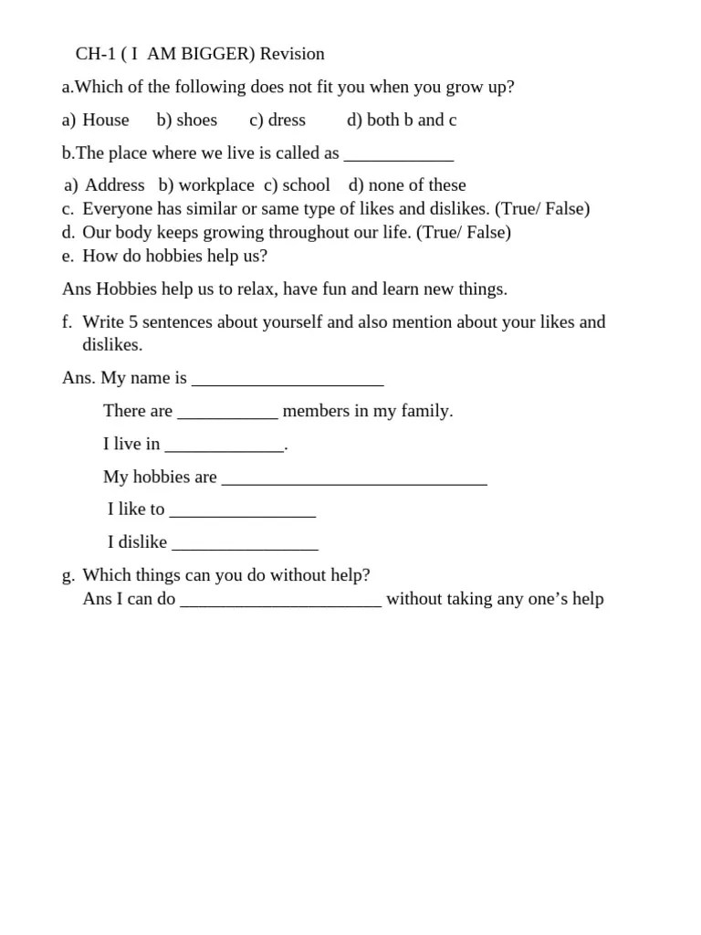 Ch 1 Revision For Evs Grade 2 Pdf