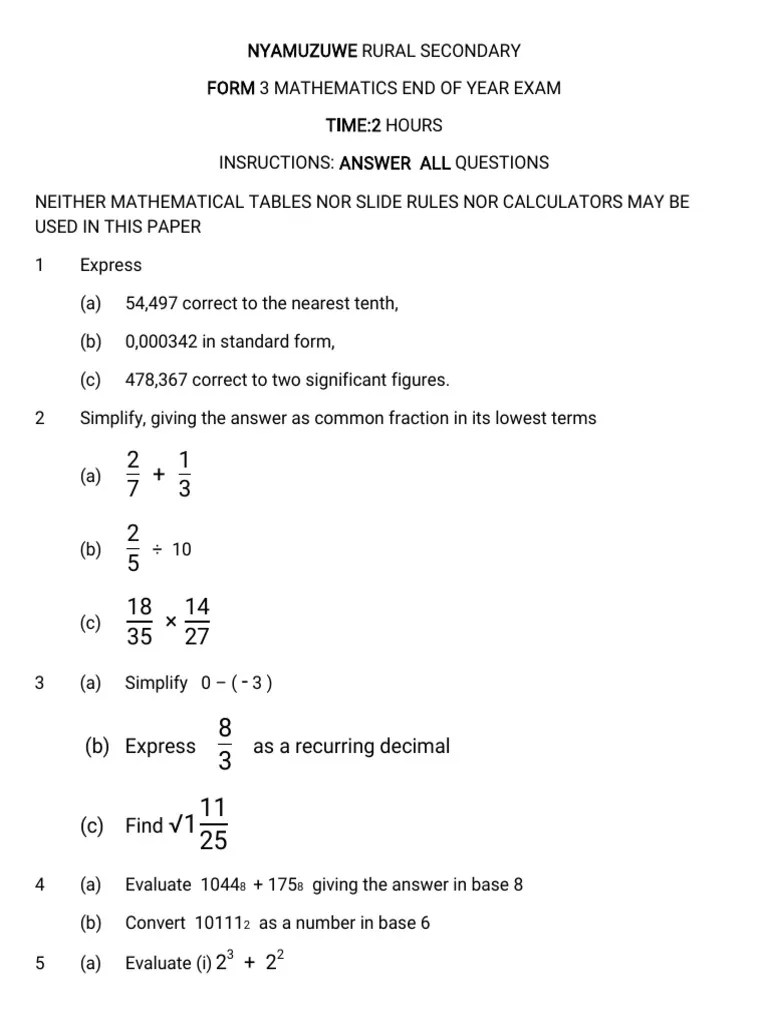 2024 Form 3 Maths End Of Year Exam Pdf Area Matrix Mathematics