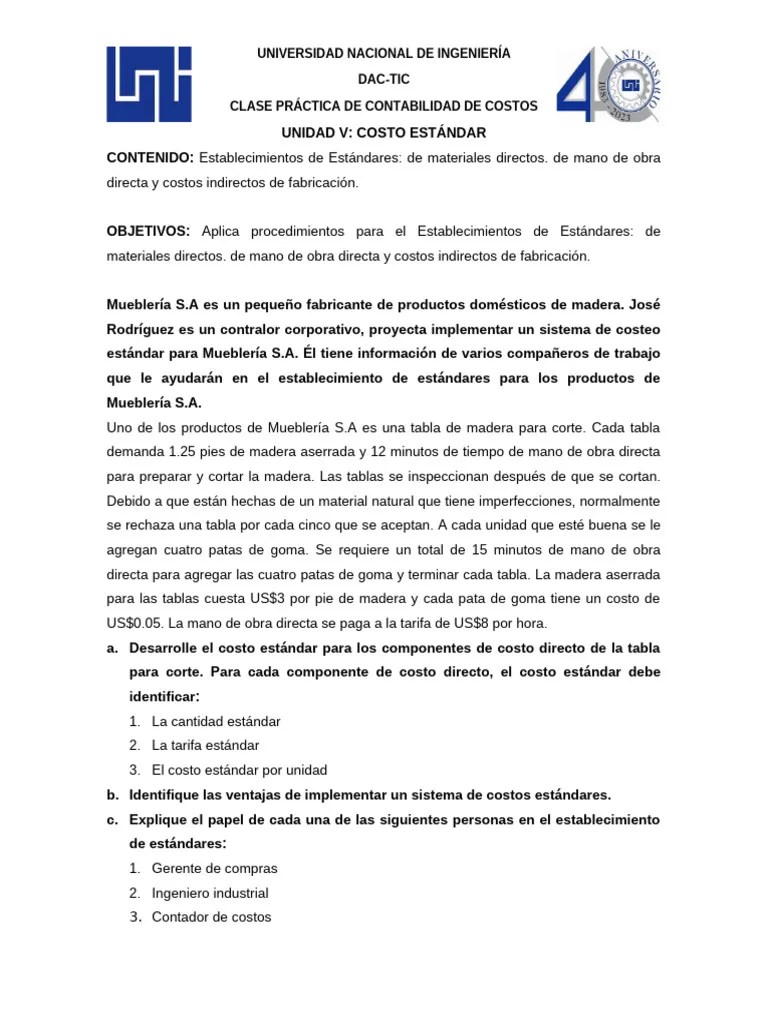 Ejercicio 1 Costo Estandar Pdf