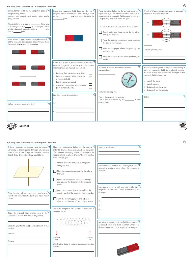 Unit 7 Magnetism And Electromagnetism Foundation Revision Activity Mat ...