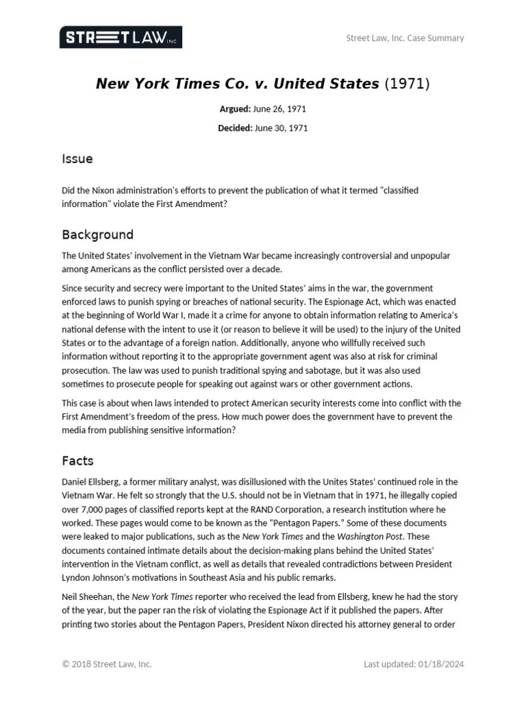 New York Times V Us Case Summary Streetlaw Pdf First Amendment To
