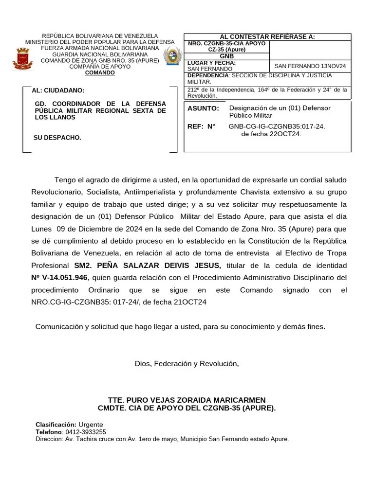 Solicitud De Defensor Público Militar Apure Pdf Venezuela Gobierno