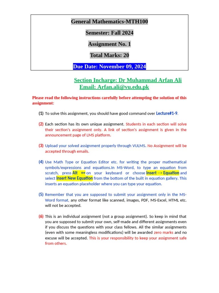 Assignment1 Fall 2024 MTH100 | PDF