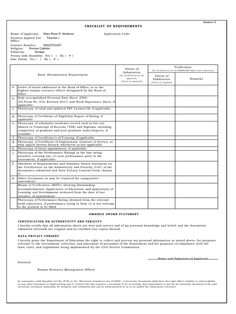 Annex C Checklist Of Requirements And Omnibus Sworn Statement Pdf Authentication - Minimal Background Collection - 8K Quality