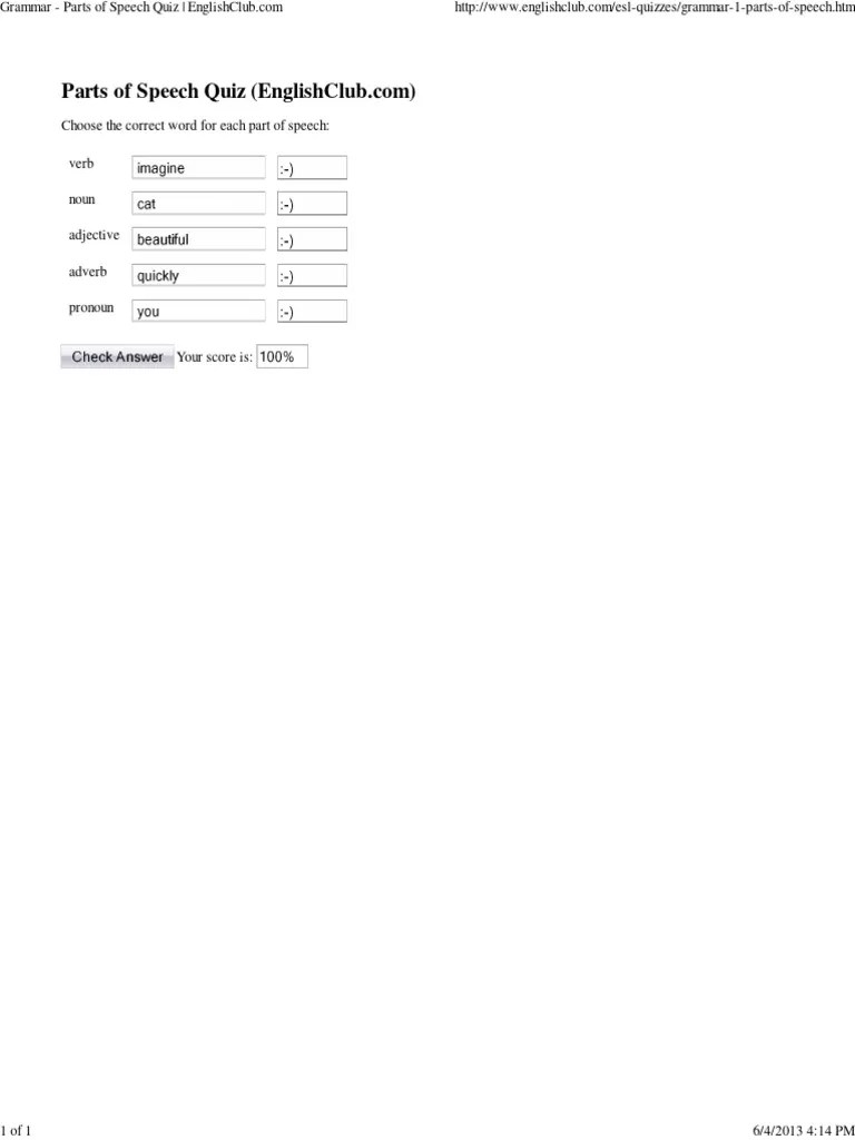 Grammar - Parts Of Speech Quiz _ EnglishClub | PDF