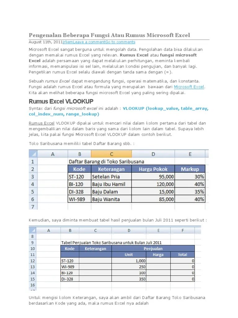 Untuk itu, silahkan baca penjelasan berikut hingga tuntas, dan perhatikan langkah demi langkahnya . Pen Gen Alan Beberapa Fungsi Atau Rumus Microsoft Excel Pdf