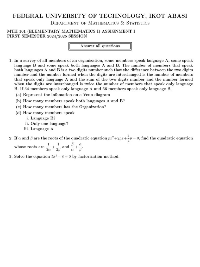 MTH 101 Assignment I 2025 | PDF