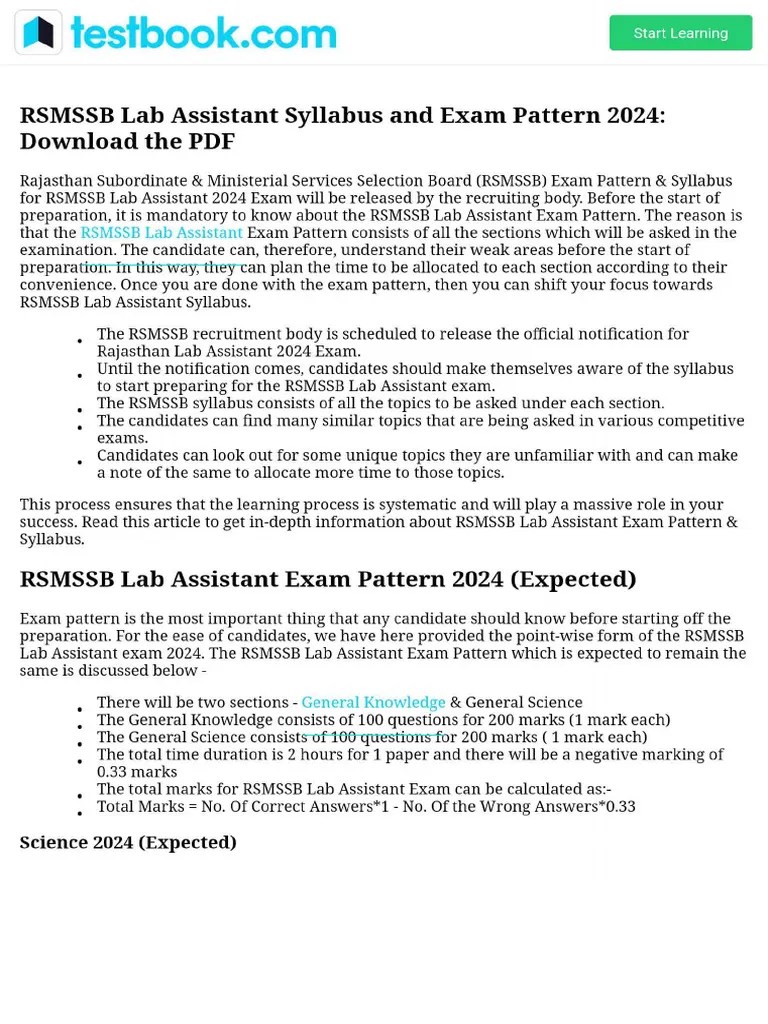 RSMSSB Lab Assistant Syllabus And Exam Pattern 2024 - Download The PDF | PDF
