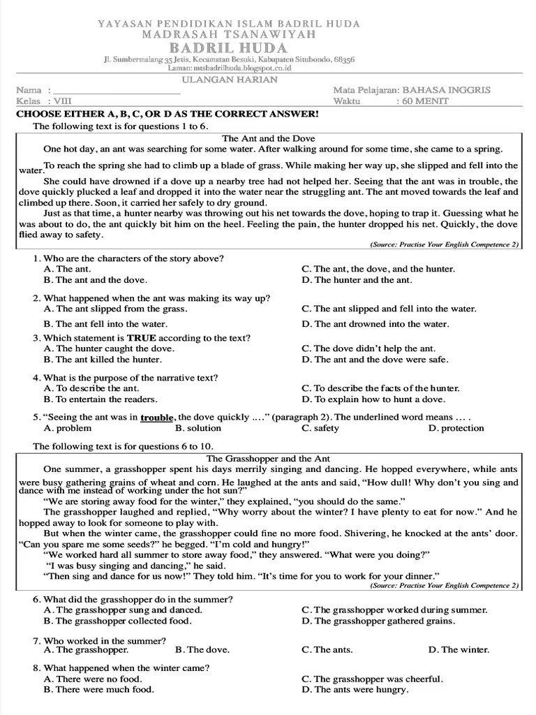 Pdf Soal Bahasa Inggris Kelas 8 Smp Mts Narrative Text Compress Pdf