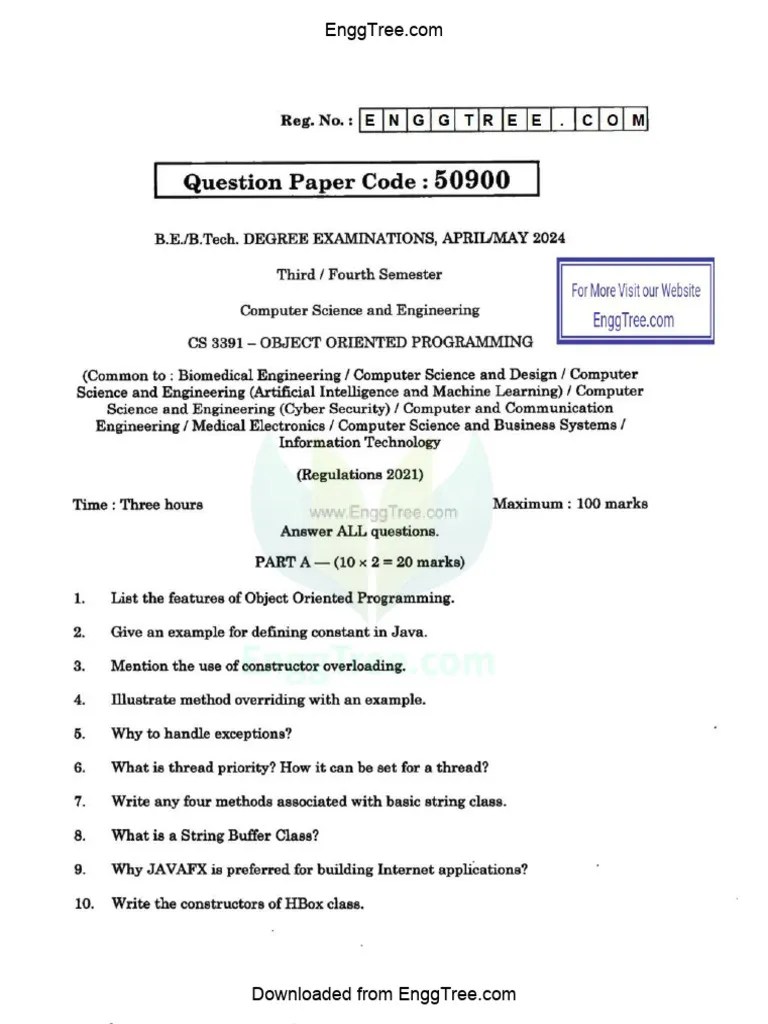 CS3391 Object Oriented Programming Apr May 2024 Question Paper Download ...