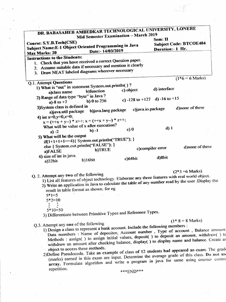 Btech 2 Sem Object Oriented Programming In Java Btcoe404 Mar 2019 | PDF