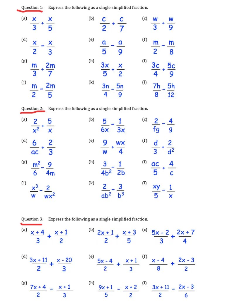 Algebraic Fraction Addition And Subtraction | PDF | Algebra | Equations