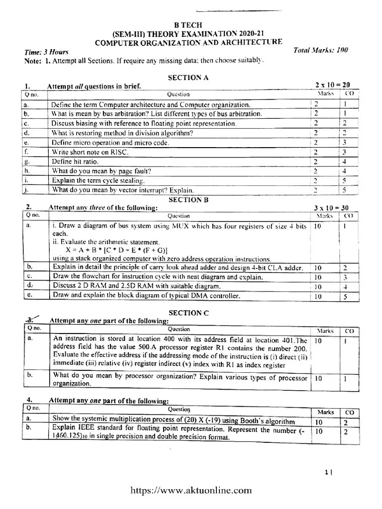 Btech Cs 3 Sem Computer Organization And Architecture Rcs302 2021 | PDF