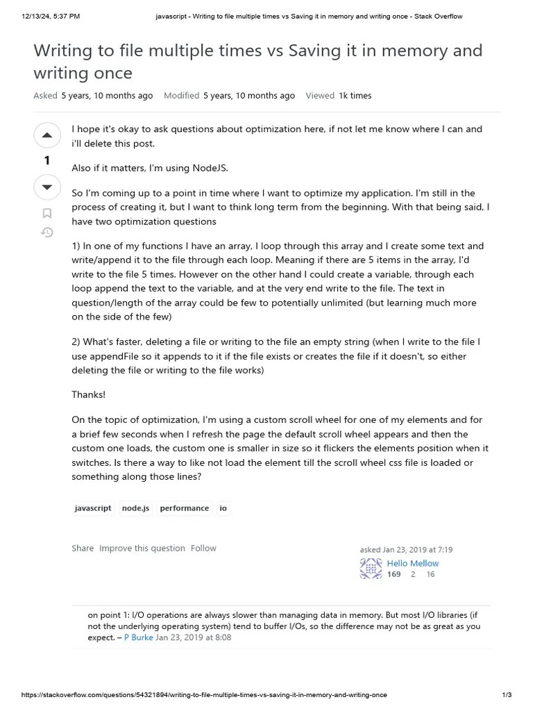 Javascript - Writing To File Multiple Times Vs Saving It In Memory And ...